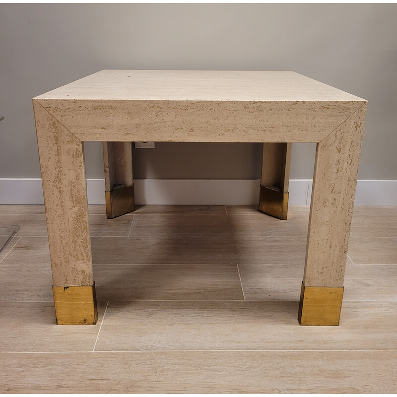 Vintage side table in travertine, marble and gilded brass, Italy 1970