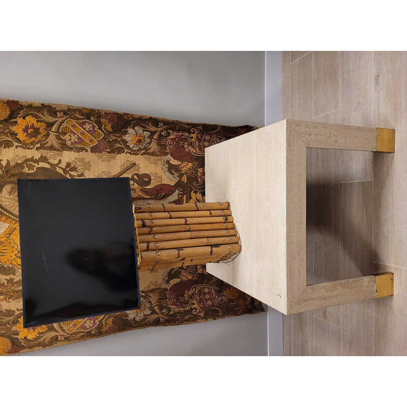 Vintage side table in travertine, marble and gilded brass, Italy 1970