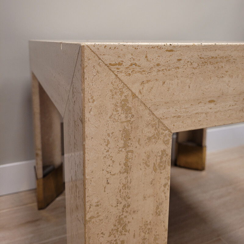 Vintage side table in travertine, marble and gilded brass, Italy 1970