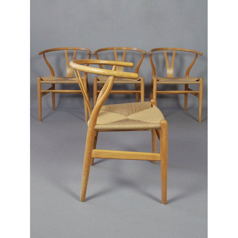 Set of 4 vintage beech wooden frame chairs "Ch24" by Hans J Wegner for Carl Hansen and Son, Denmark 1970