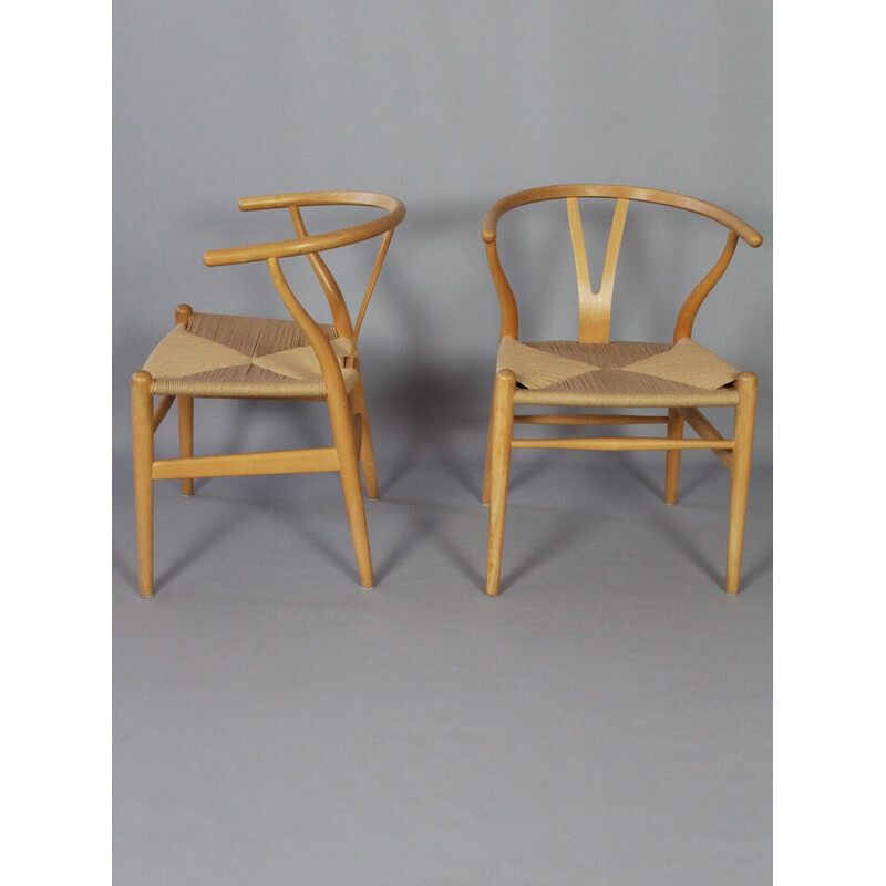 Set of 4 vintage beech wooden frame chairs "Ch24" by Hans J Wegner for Carl Hansen and Son, Denmark 1970
