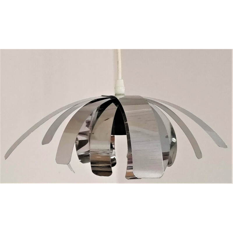 Vintage stainless steel pendant lamp "Fleur de Lumière" by Jocelyne Trocmé, France 1970