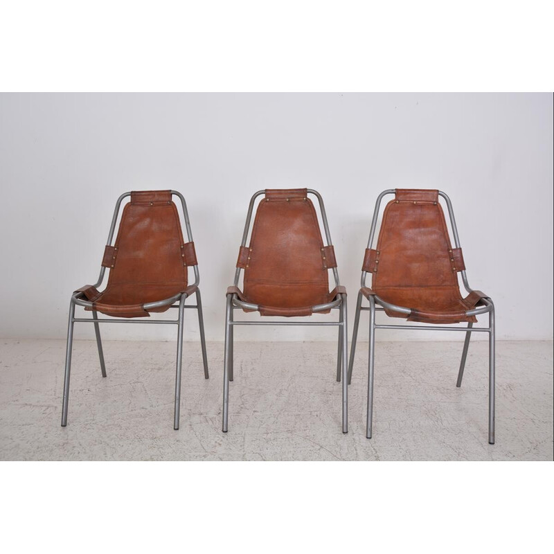 Ensemble de 3 chaises vintage en métal tubulaire, style Perriand, 1950