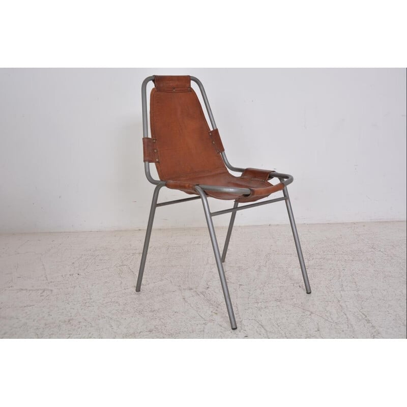 Set of 3 vintage tubular metal chairs, Perriand style, 1950