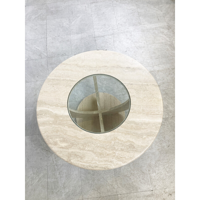 Vintage round travertine and glass coffee table, Italy 1970