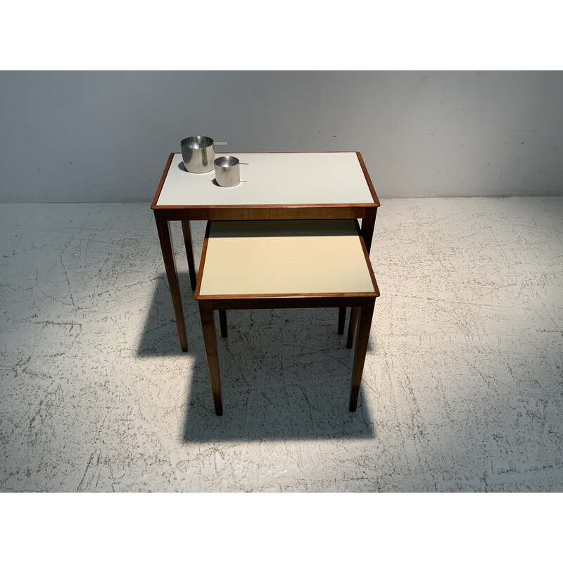 Tables gigognes vintage en teck et en opaline, 1960