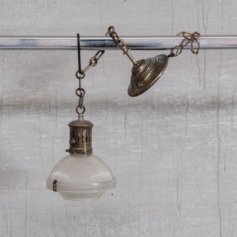 Vintage glass, chain and rose retained pendant lamp, France 1950