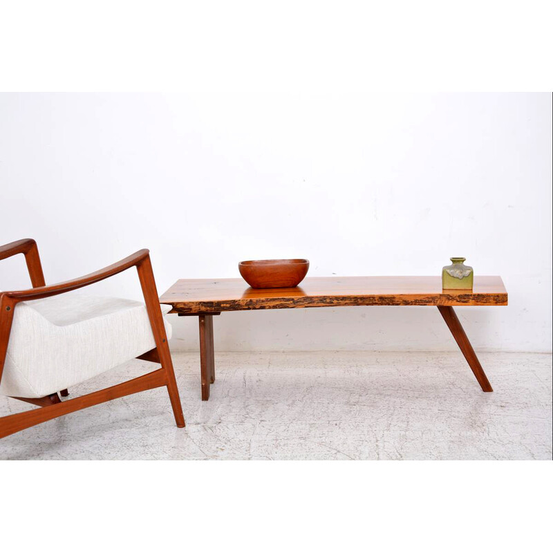 Mesa de café Vintage de forma livre com base de madeira, 1970