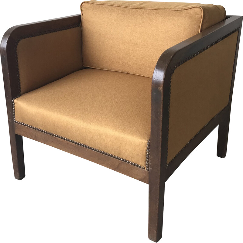 Vintage Art Deco armchair in solid oakwood and fabric, 1940