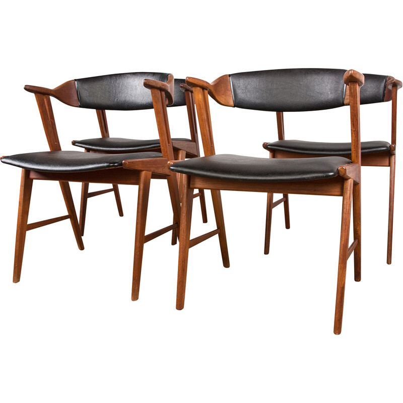 Set van 4 vintage teak en skai stoelen van Henning Kjaernulf voor Korup Stolefabrik, Denemarken 1960