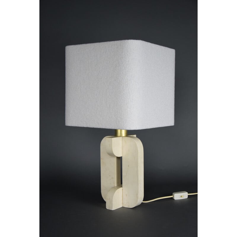 Vintage travertine table lamp with white bouclé shade, Italy