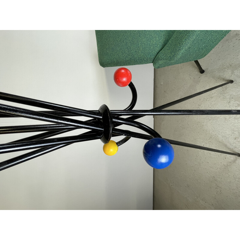 Vintage folding coat rack in steel and lacquered wooden balls, 1950