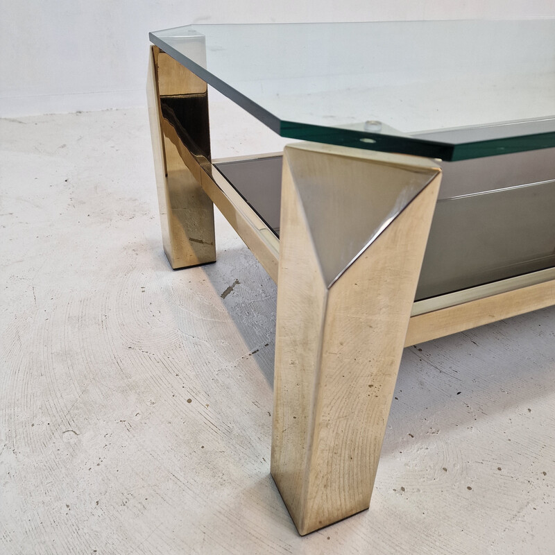 Vintage coffee table with 23kt gold plated base by Belgo Chrom, Belgium 1970s