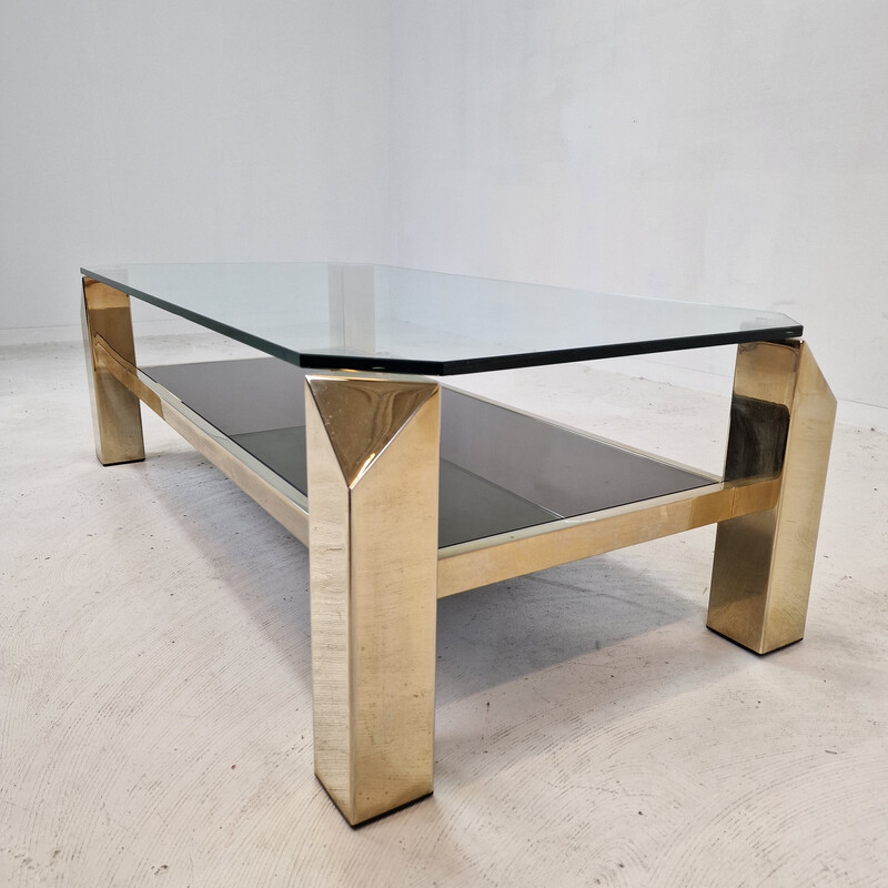 Vintage coffee table with 23kt gold plated base by Belgo Chrom, Belgium 1970s