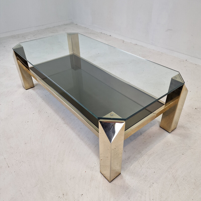 Vintage coffee table with 23kt gold plated base by Belgo Chrom, Belgium 1970s