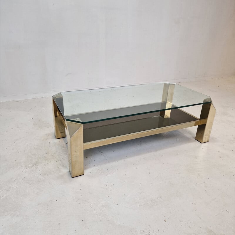 Vintage coffee table with 23kt gold plated base by Belgo Chrom, Belgium 1970s