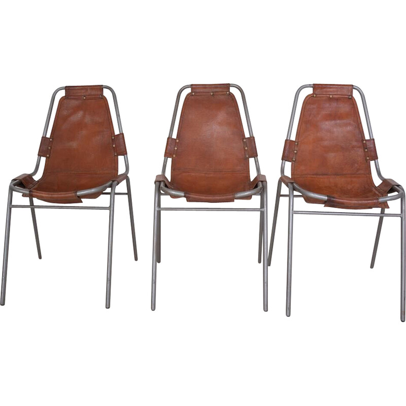 Ensemble de 3 chaises vintage en métal tubulaire, style Perriand, 1950