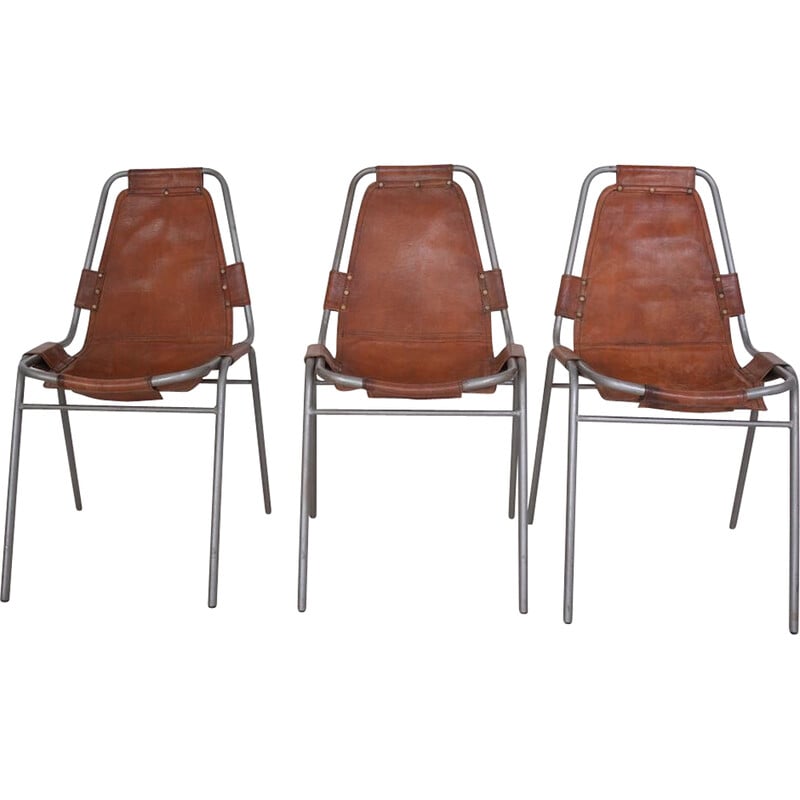 Set of 3 vintage tubular metal chairs, Perriand style, 1950