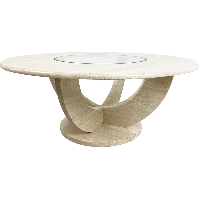 Vintage round travertine and glass coffee table, Italy 1970