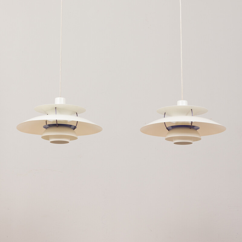 Pair of vintage Ph 5 white pendant lamps by  Poul Henningsen for Louis Poulsen, Denmark 1960s