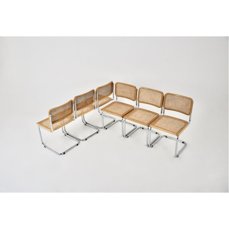 Ensemble de 6 chaises vintage en métal, bois et rotin par Marcel Breuer