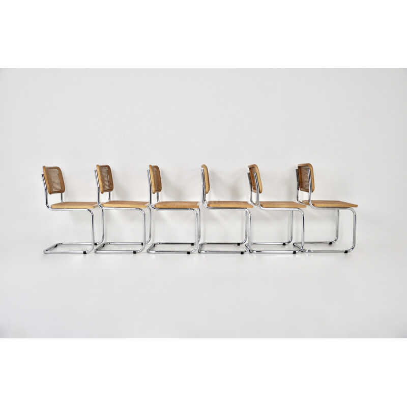 Conjunto de 6 cadeiras vintage em metal, madeira e rotim de Marcel Breuer