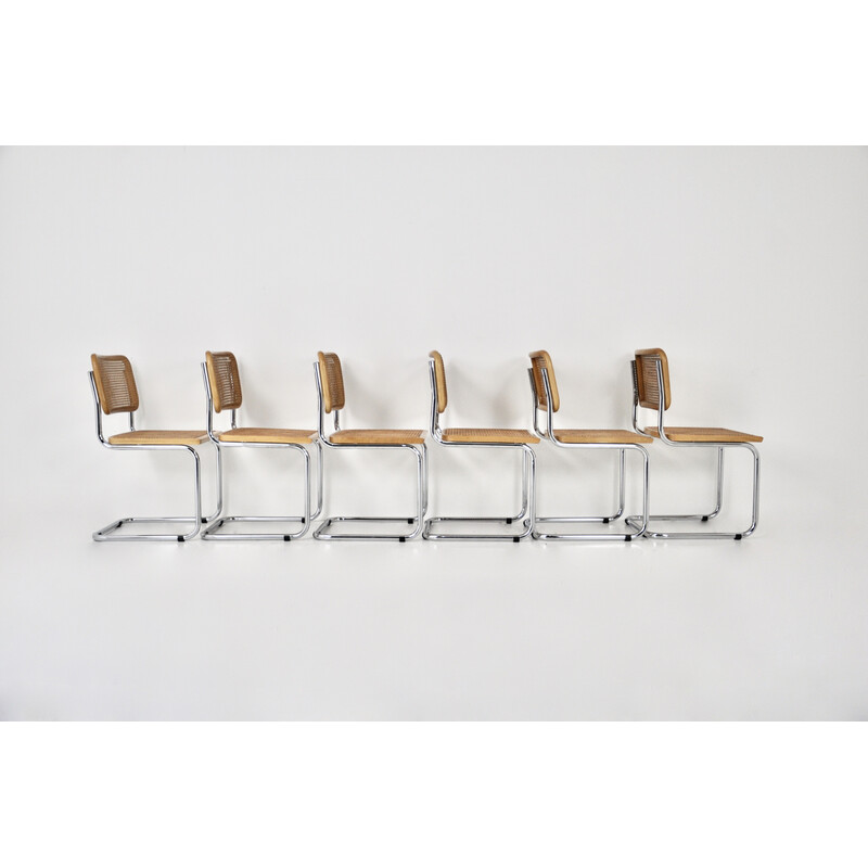 Satz von 6 Vintage-Stühlen aus Metall, Holz und Rattan von Marcel Breuer