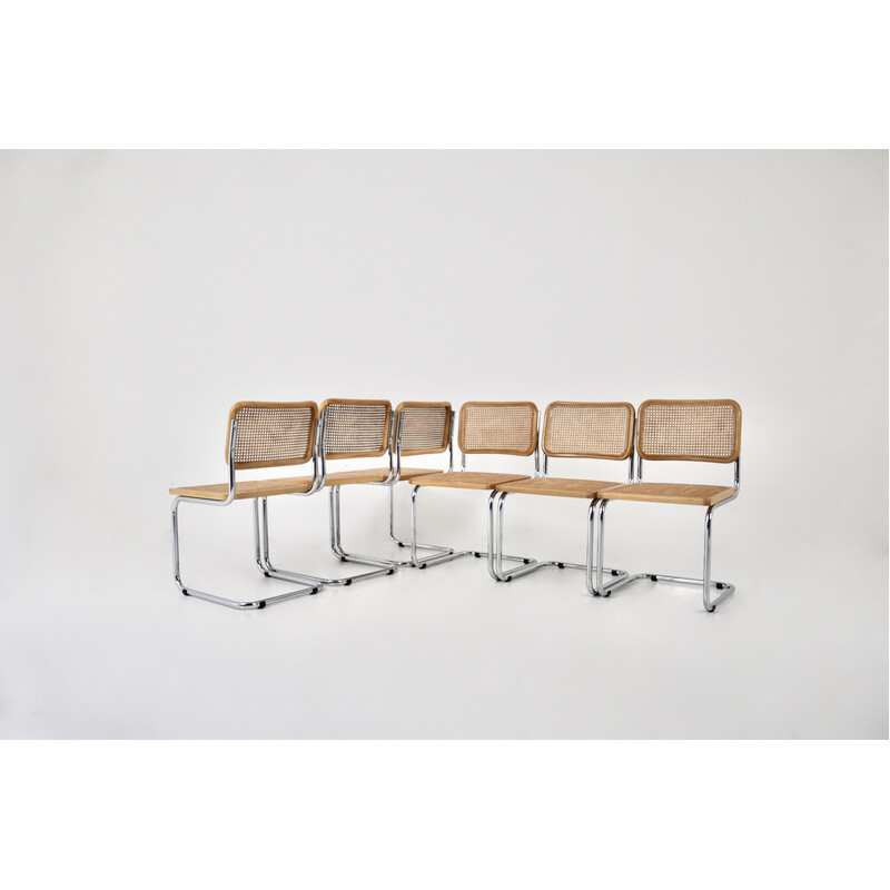 Set of 6 vintage chairs in metal, wood and rattan by Marcel Breuer