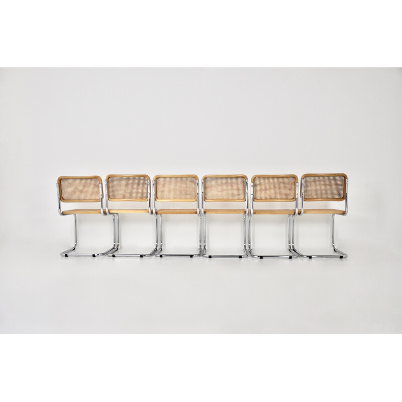 Set di 6 sedie vintage in metallo, legno e rattan di Marcel Breuer