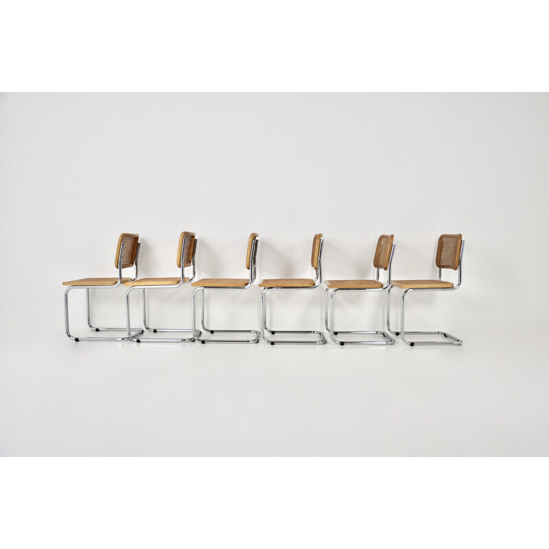 Conjunto de 6 cadeiras vintage em metal, madeira e rotim de Marcel Breuer