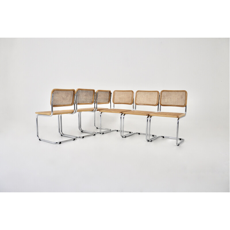 Ensemble de 6 chaises vintage en métal, bois et rotin par Marcel Breuer