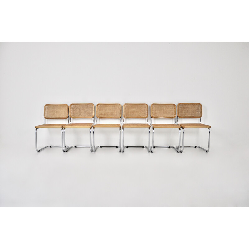 Conjunto de 6 cadeiras vintage em metal, madeira e rotim de Marcel Breuer