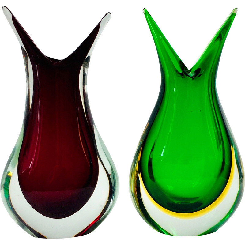 Coppia di vasi vintage in vetro di Murano "Sommerso" di Flavio Poli, Italia 1960