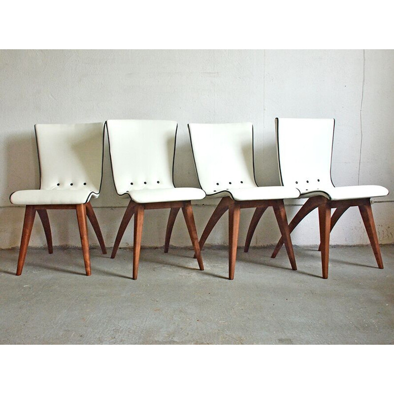 Ensemble de 4 chaises pivotantes blanches par Van Os - 1950