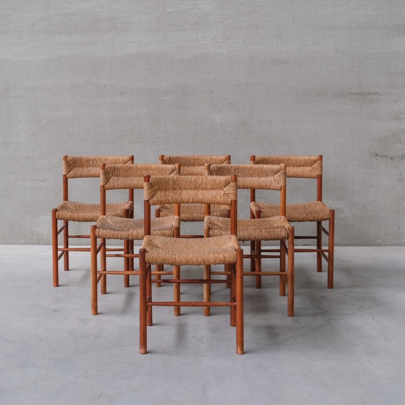 Set of 6 mid-century 'Dordogne' rush dining chairs by Charlotte Perriand for Sentou, 1950s