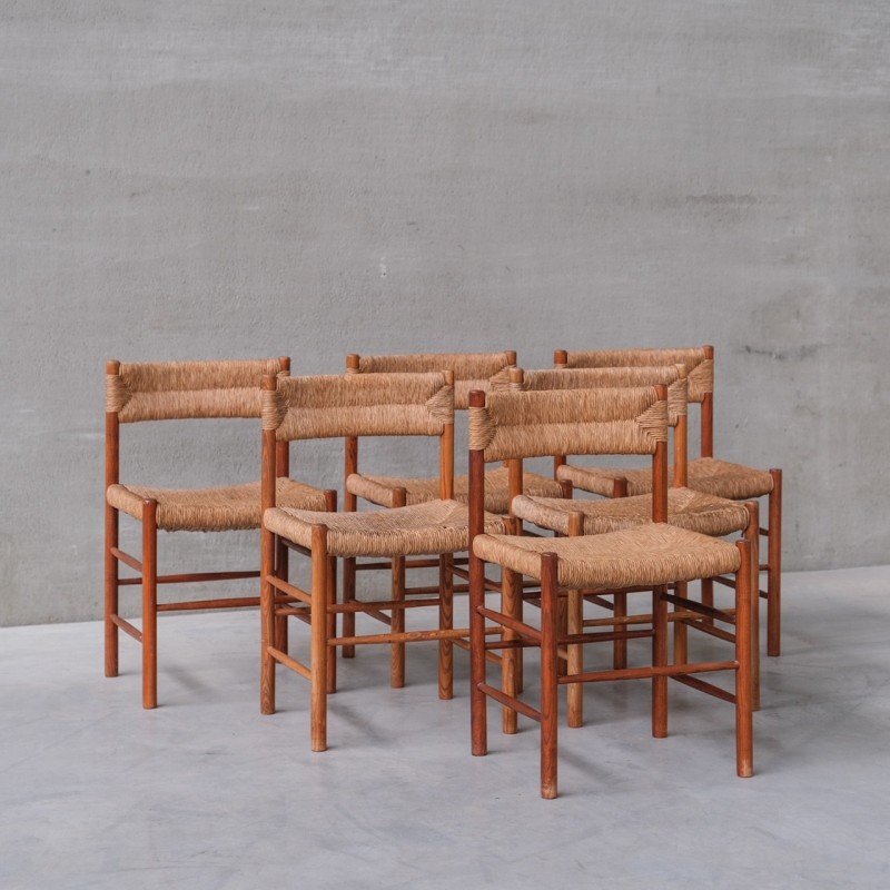 Set of 6 mid-century 'Dordogne' rush dining chairs by Charlotte Perriand for Sentou, 1950s
