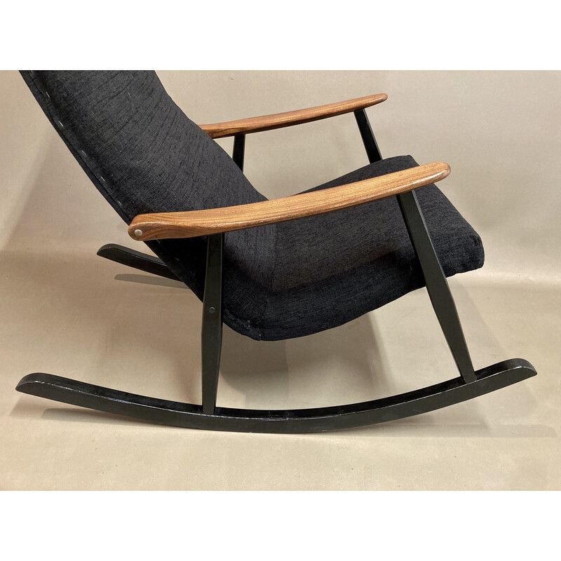 Scandinavian vintage teak and velvet rocking chair, 1950