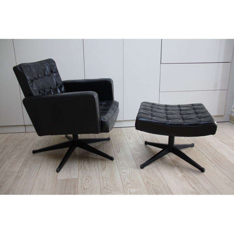 Vintage swivel lounge chair and ottoman in black leather by Vincent Cafiero for Knoll - 1960s