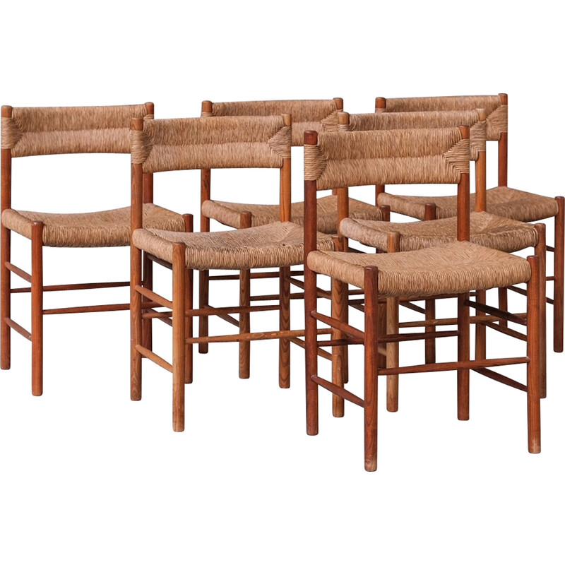 Set of 6 mid-century 'Dordogne' rush dining chairs by Charlotte Perriand for Sentou, 1950s