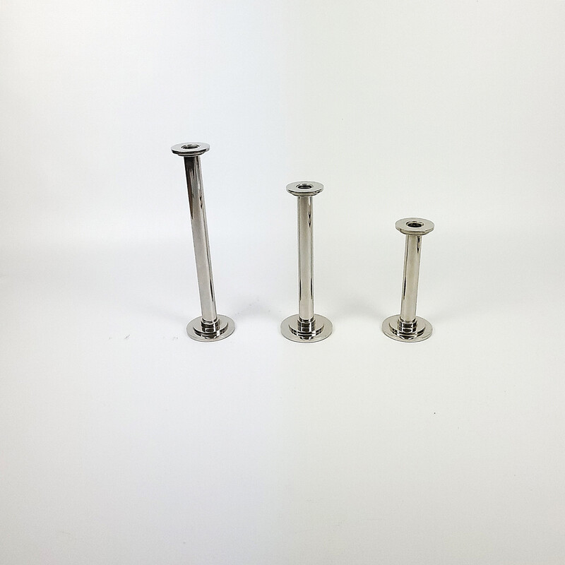 Set of 3 vintage metal covered with chrome candlesticks, 1970