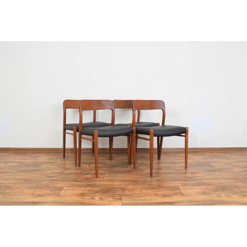 Set of 4 vintage teak and leather chairs model 75 by N.O. Møller for J.L. Møllers, Denmark 1960