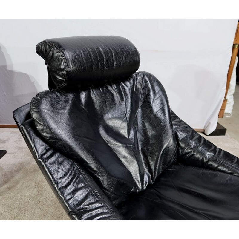 Vintage black genuine leather "Kroken" living room set by Ake Fribytter for Nelo, Sweden 1974