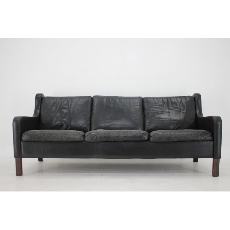 Vintage black leather 3-seater sofa, Denmark 1970