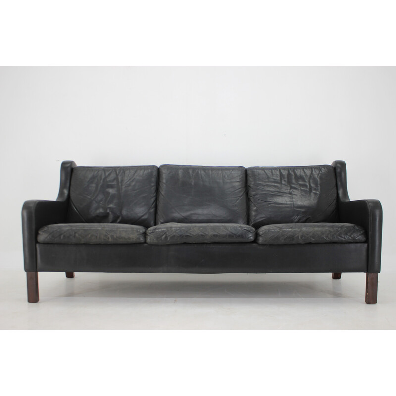Vintage schwarzes Leder 3-Sitzer Sofa, Dänemark 1970