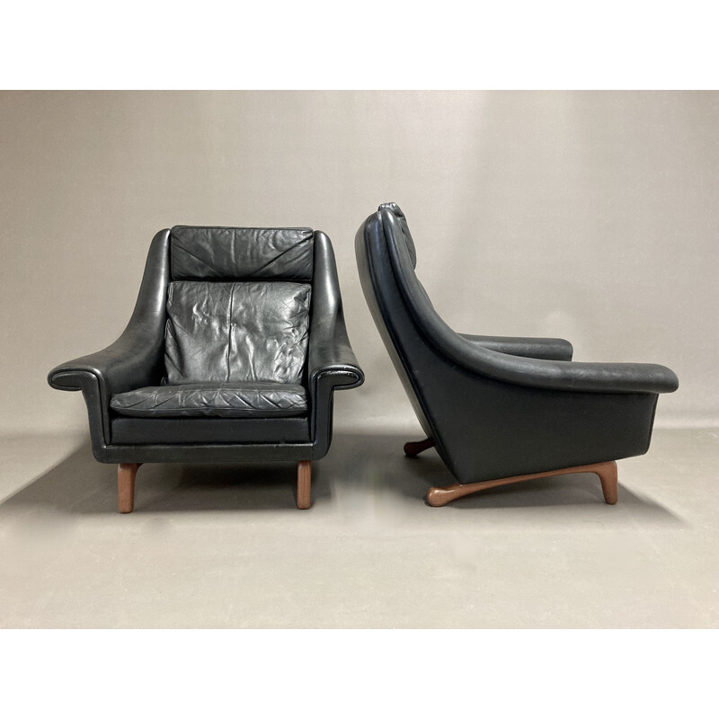 Pair of vintage leather and teak armchairs by Aage Christiansen, 1950