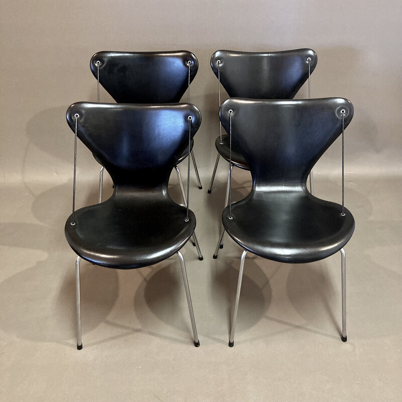 Set of 4 vintage leather and metal chairs by Arne Jacobsen for Fritz Hansen, 1960