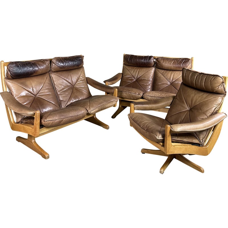 Vintage living room set in ashwood and leather by Söda Galvano for Lied Mobler, Norway 1960