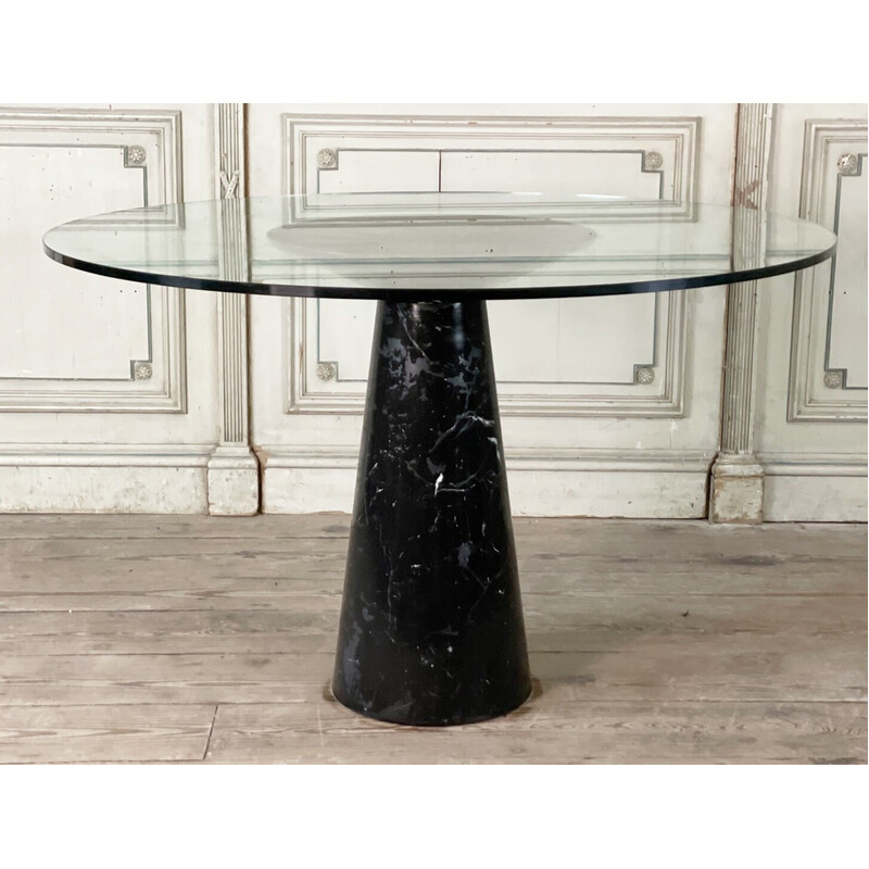 Table vintage avec pieds en marbre noir et plateau en verre par Angelo Mangiarotti, Italie 1970