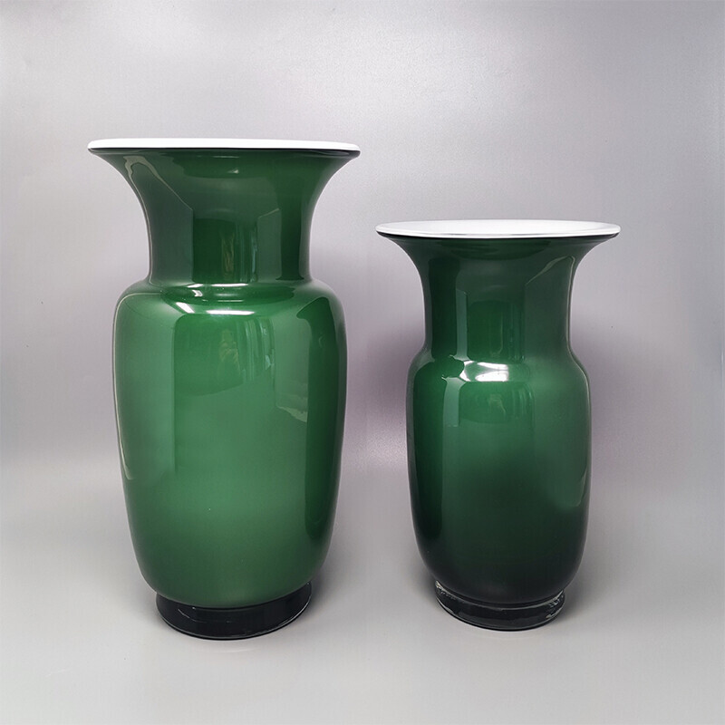 Coppia di vasi vintage verdi in vetro di Murano di Carlo Nason, Italia anni '70