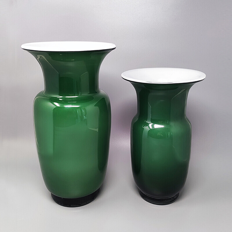 Heb geleerd Kleren Wirwar Paar vintage groene vazen in Murano glas van Carlo Nason, Italië 1970
